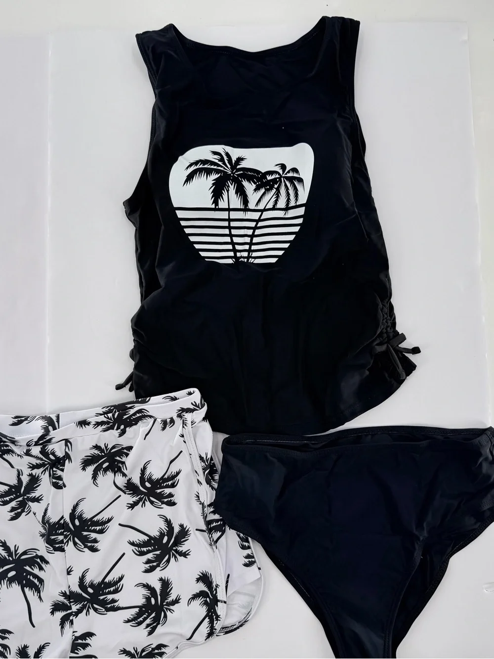 SHEIN Teen 15Y 3-Piece Tankini Swimsuit Set Black Palm Tree Tank, Shorts, Bottom